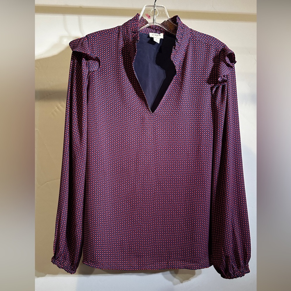 J. Crew | Small Navy Burgundy Ruffle Work Top - Business Casual